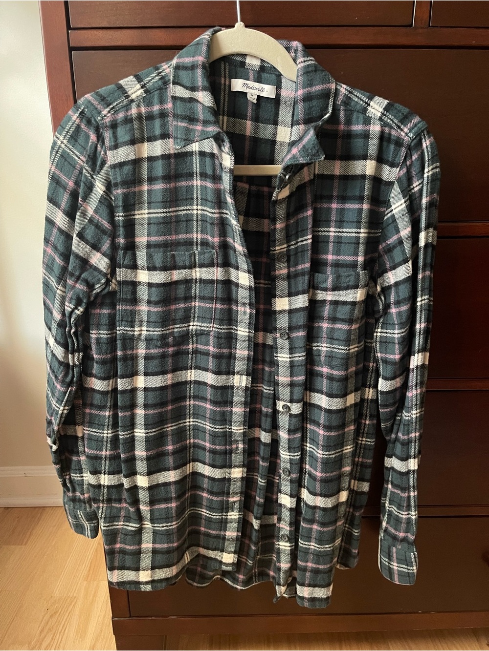 Madewell Dark Green, White & Pink Plaid Button-Down Shirt